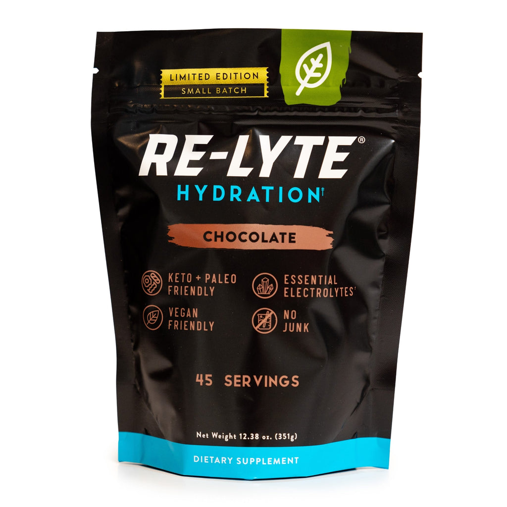 a front view of our Limited Edition, chocolate flavored re-lyte hydration electrolyte powder 45 serving pouch with a white background