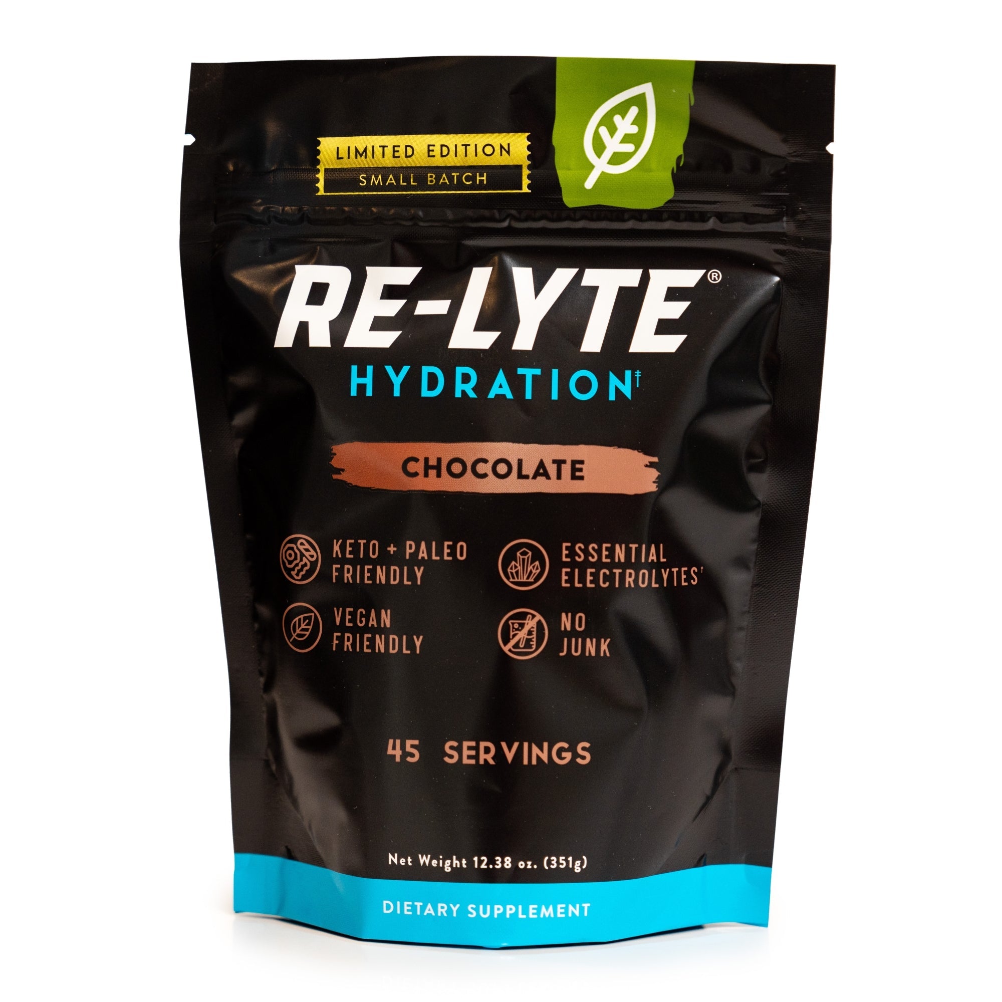 a front view of our Limited Edition, chocolate flavored re-lyte hydration electrolyte powder 45 serving pouch with a white background