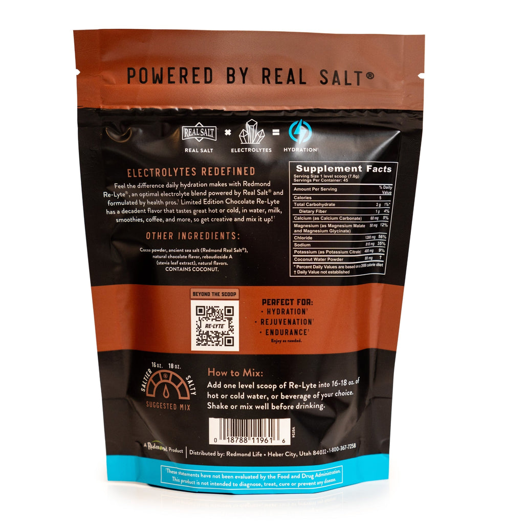 a rear view of our Limited Edition, chocolate flavored re-lyte hydration electrolyte powder 45 serving pouch with a white background