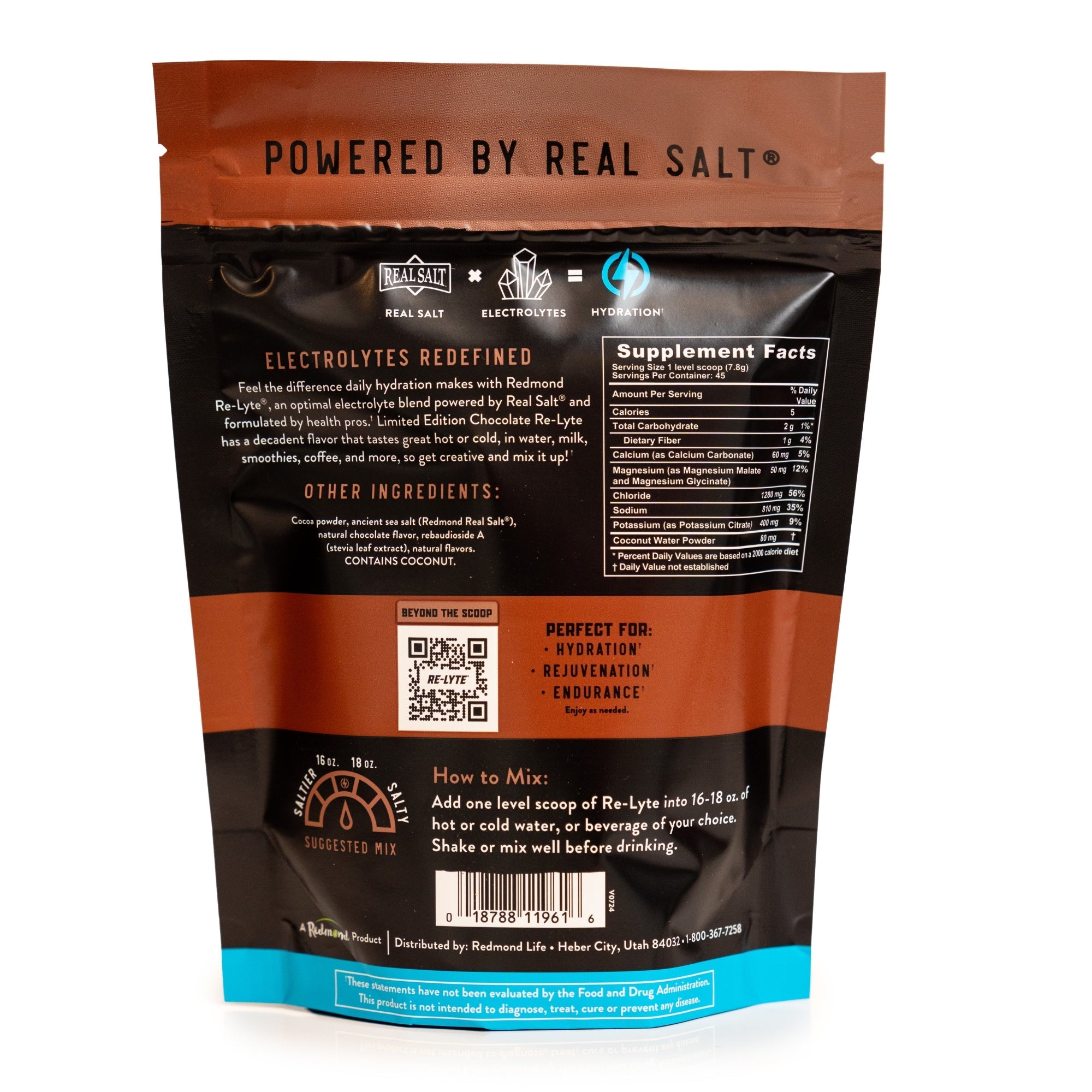 a rear view of our Limited Edition, chocolate flavored re-lyte hydration electrolyte powder 45 serving pouch with a white background