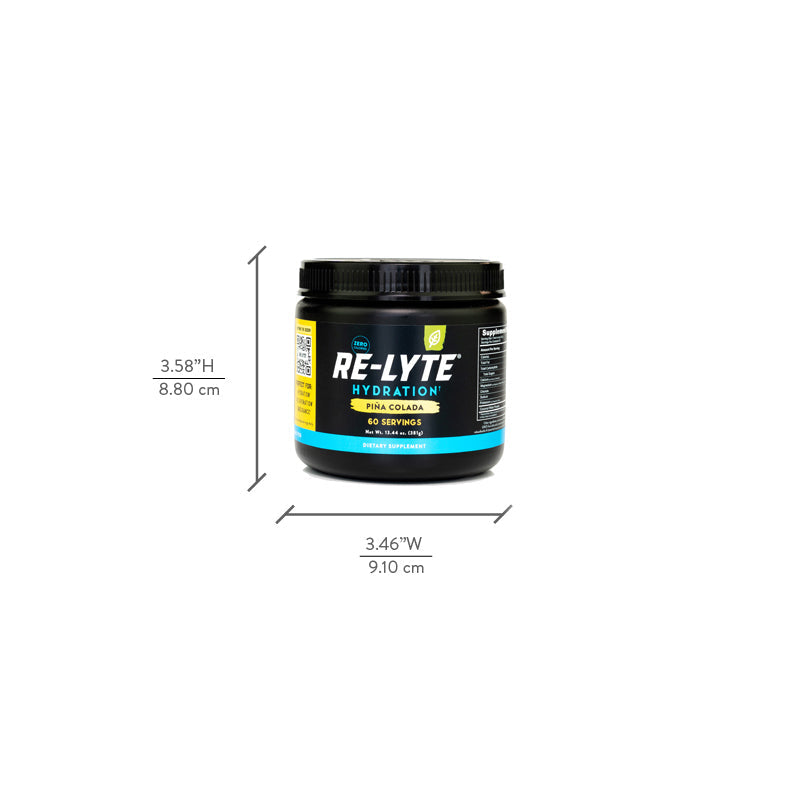 60 serving jar of Re-Lyte Hydration electrolyte powder on white background. Dimensions of jar are 3.58 inches high and 3.46 inches wide. The jar is cylindrical.