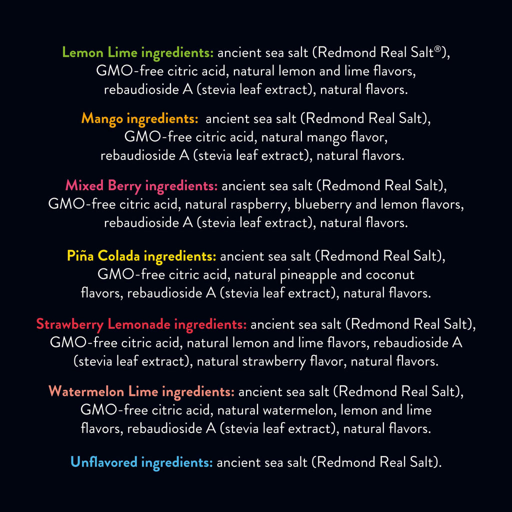 Ingredients lists of the seven flavors of Re-Lyte Hydration stick packs.
