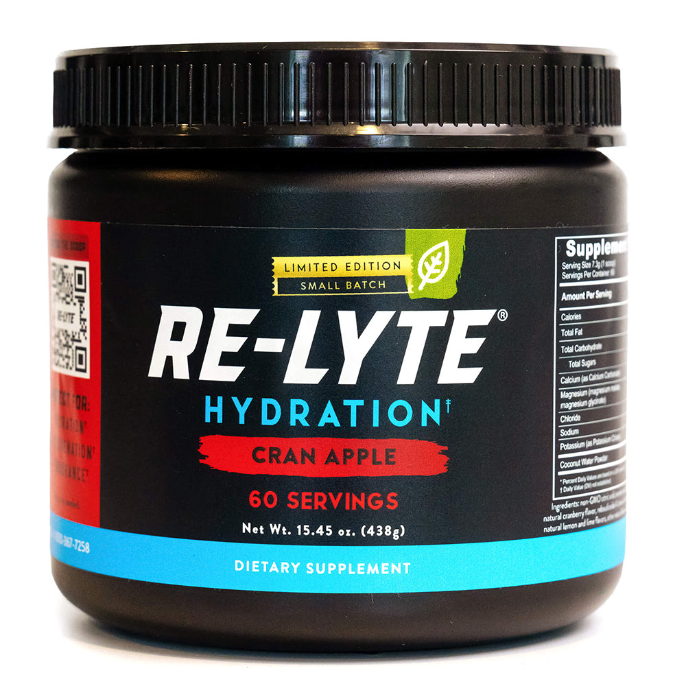 Black plastic container of Re-Lyte Cran Apple Hydration dietary supplement powder. 
