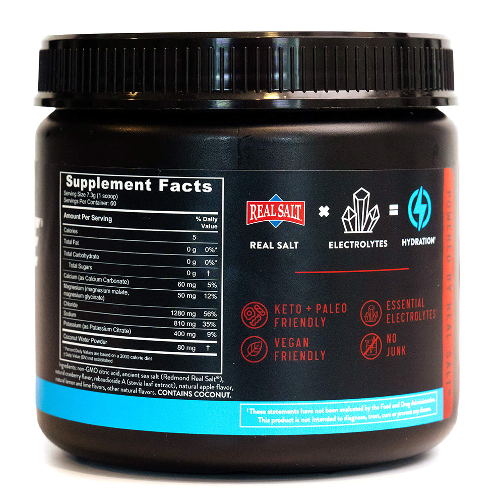 a rear view of our Limited Edition, cran apple flavored re-lyte hydration electrolyte powder 60 serving jar with a white background