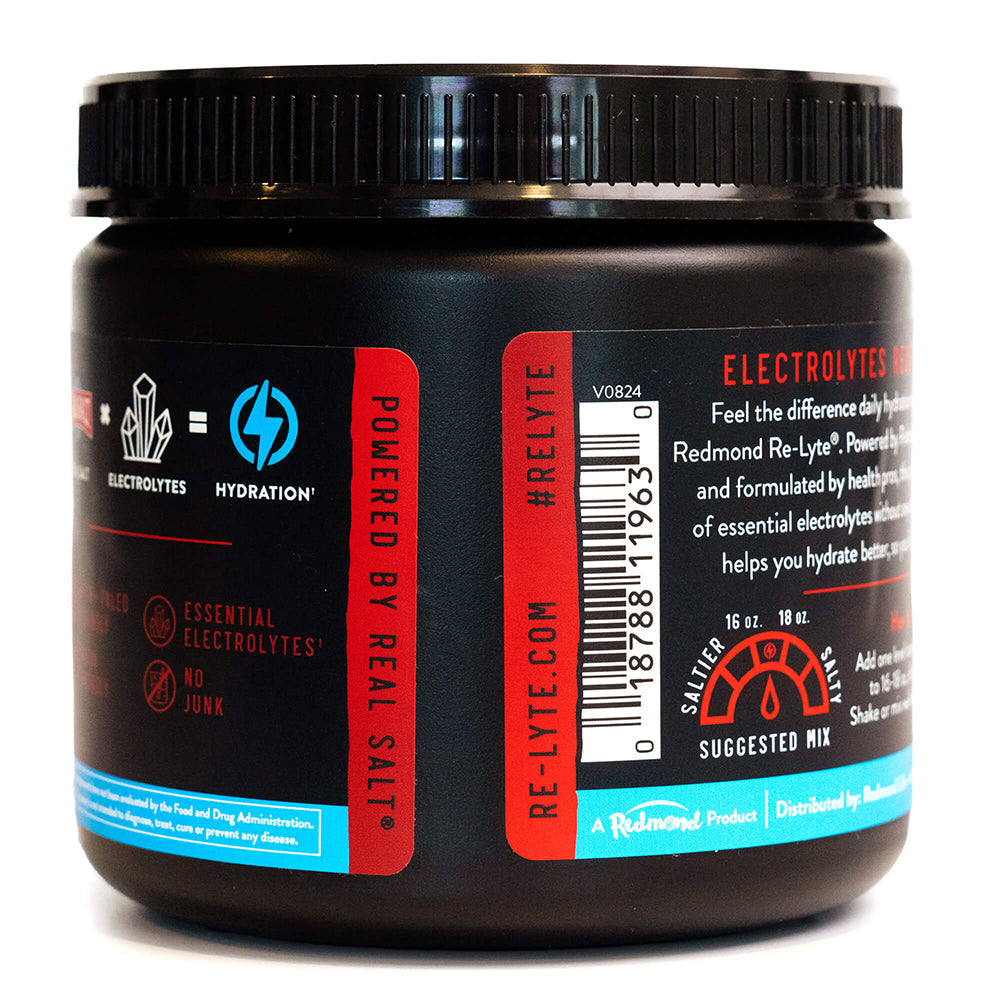a side view of our Limited Edition, cran apple flavored re-lyte hydration electrolyte powder 60 serving jar with a white background