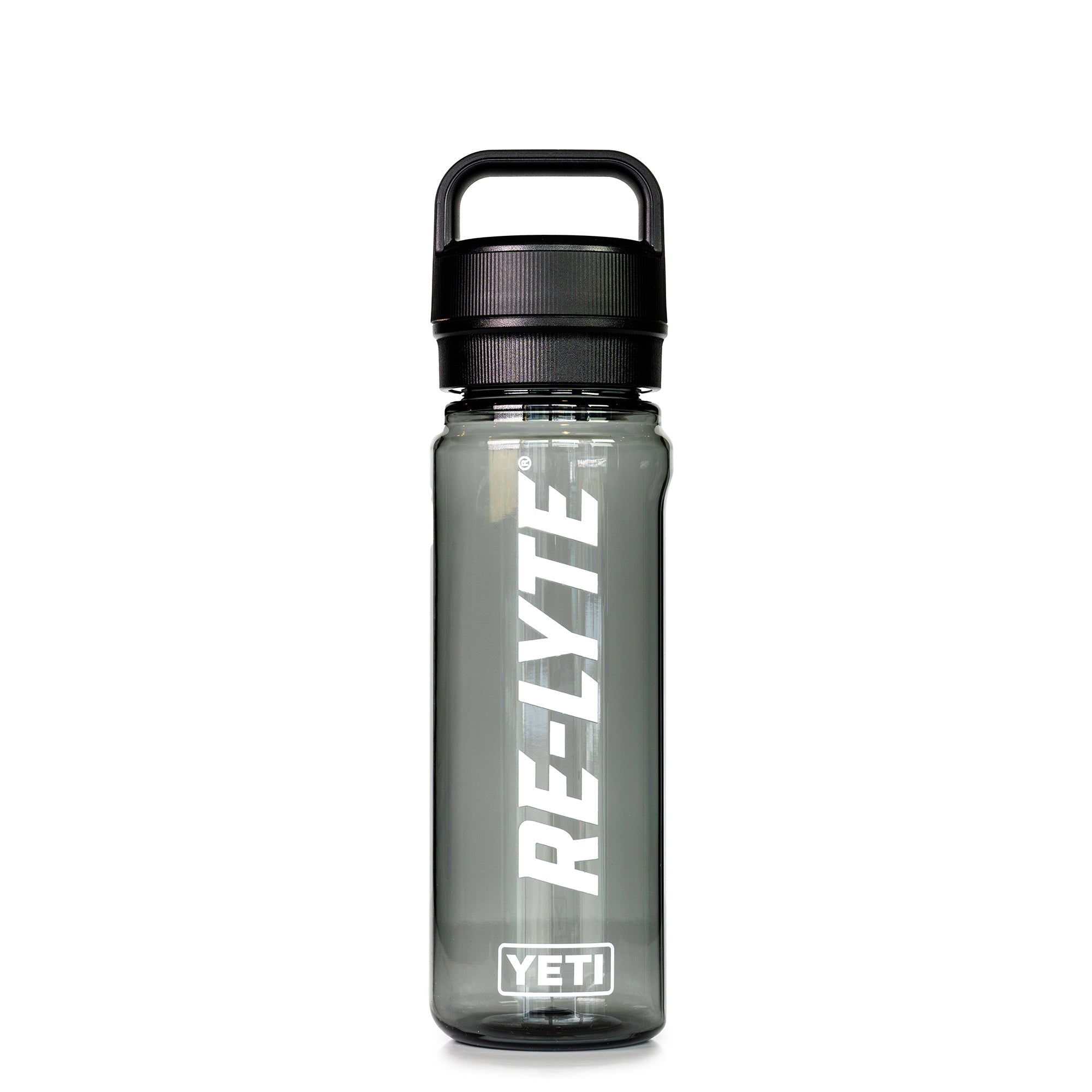 A gray YETI Re-Lyte water bottle features a secure black carrying handle. 
