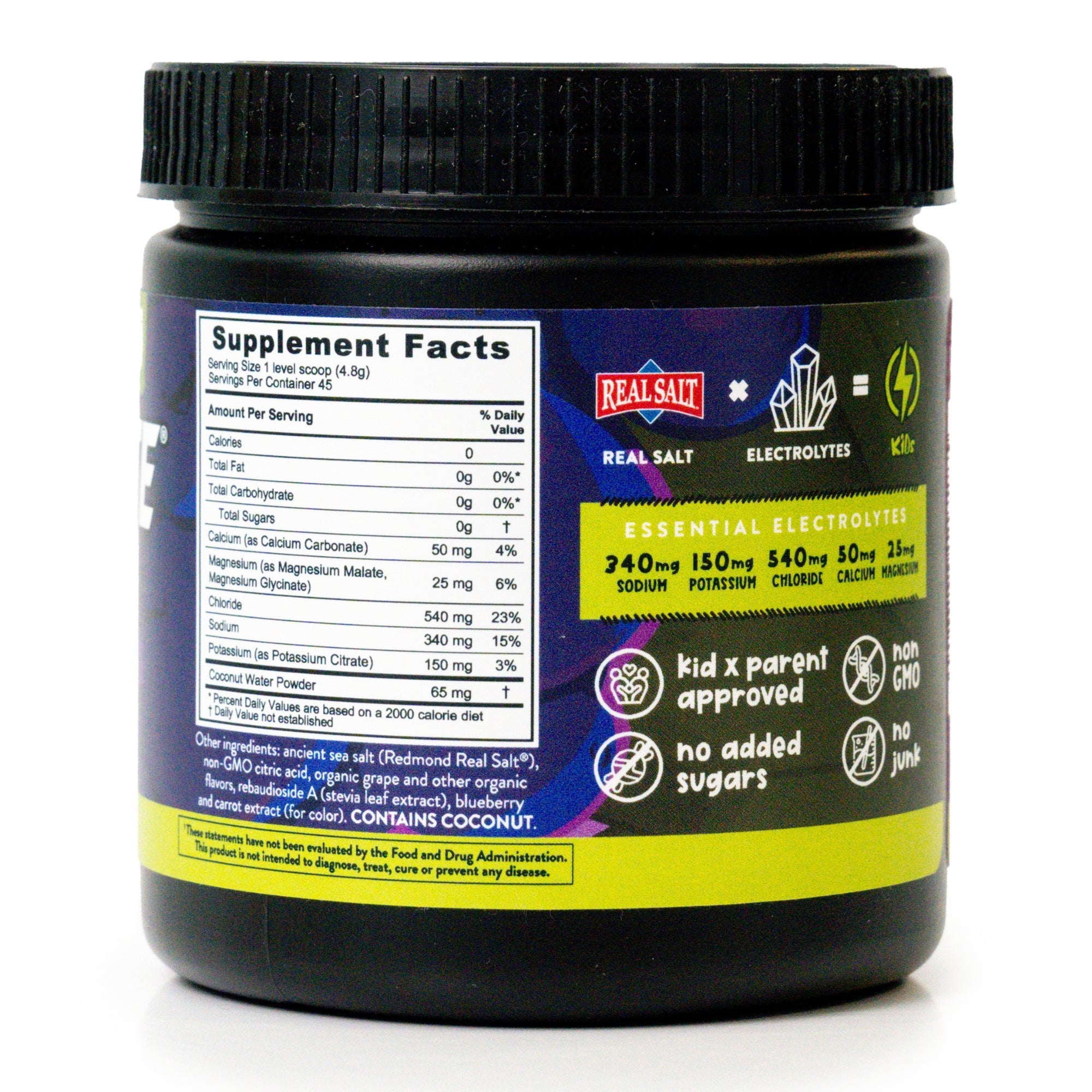 Black plastic bottle of Real Salt brand electrolyte supplement displaying the nutrition facts label. 
