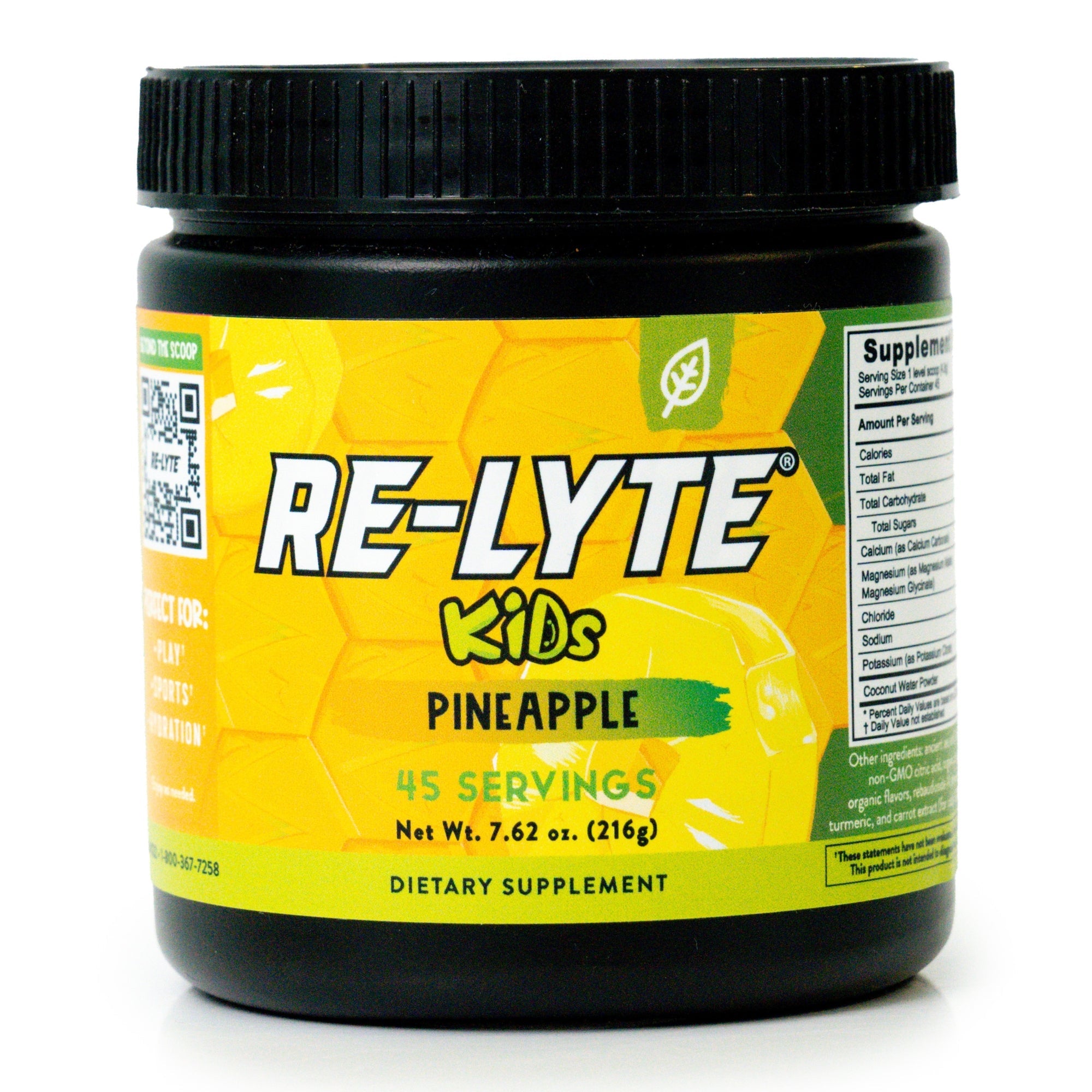 Black jar of Re-Lyte Kids pineapple flavored electrolyte dietary supplement. 
