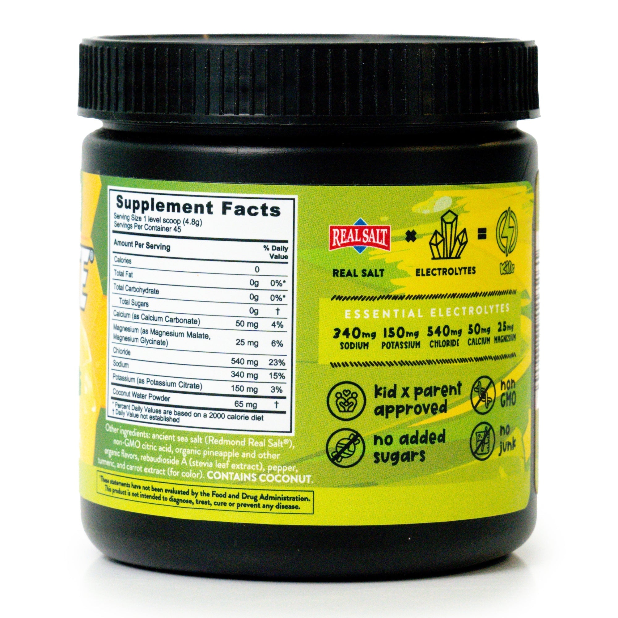 Black jar of Kids Re-lyte hydration, pineapple flavor, Electrolyte powder supplement showing the nutrition facts label.