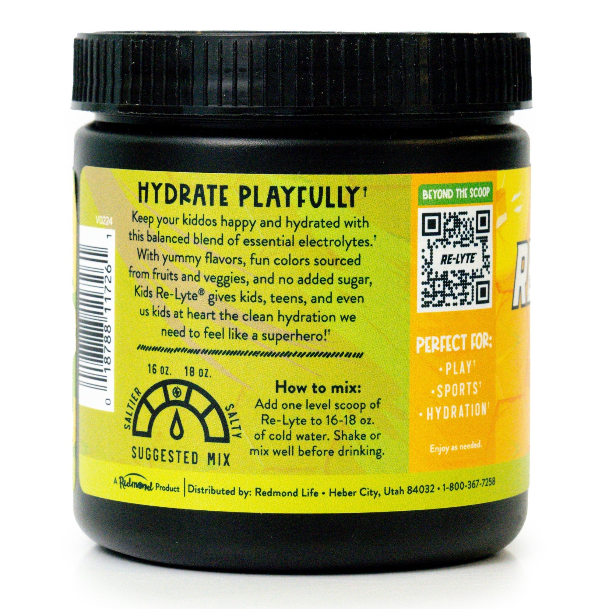 Rear viewr of our Kids Re-Lyte hydration, pineapple flavor, electrolyte powder shows nutritional information and mixing instructions on the back label.