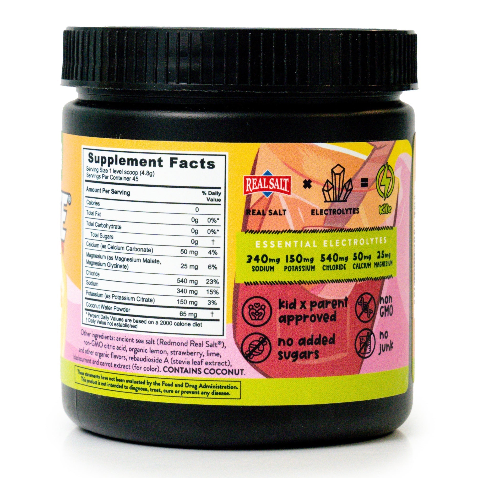 Black plastic jar showcasing the Supplement Facts label of kids Re-lyte hydration Electrolyte powder, pink lemonade flavor