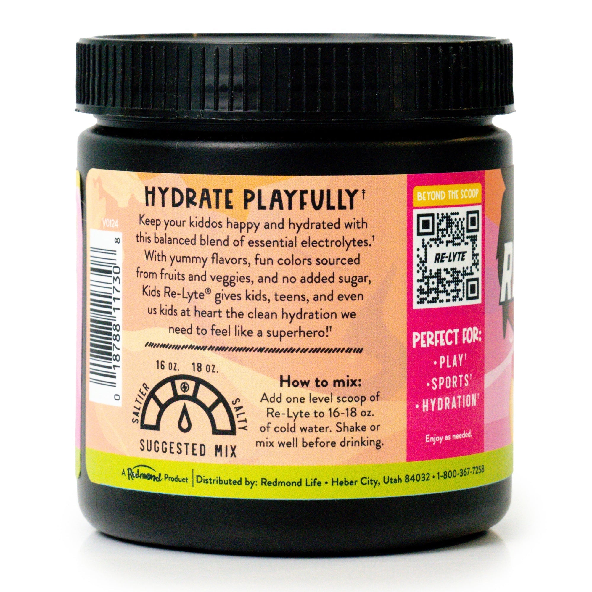 Black plastic jar of kids Re-Lyte  hydration, pink lemonade flavor, electrolyte powder showing the ingredients and mixing instructions.