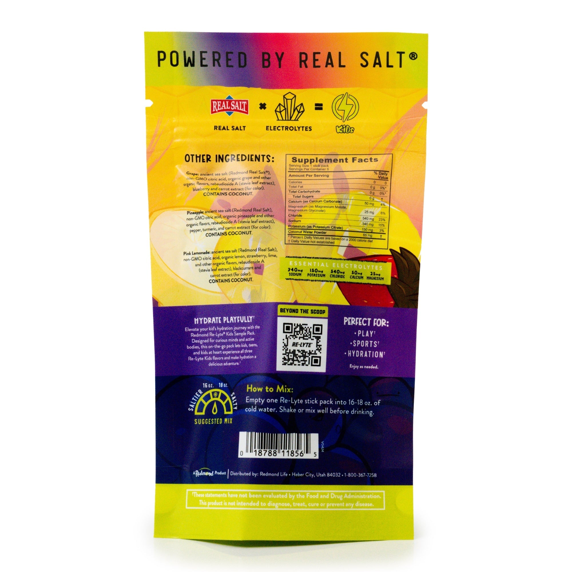 Redmond Re-Lyte Kids Hydration Electrolyte Mix sticks sample pack. a back view showcasing ingredients, supplement facts, and mixing instructions.