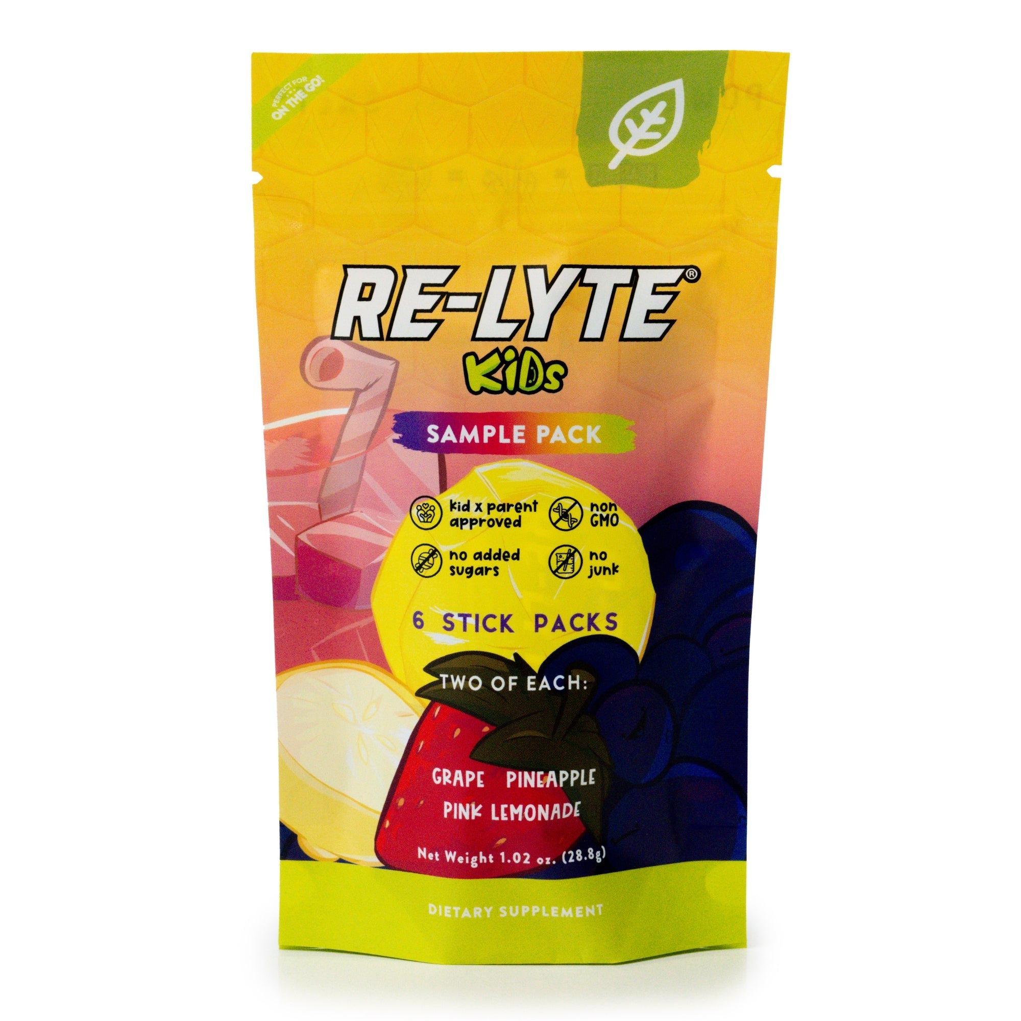 RE-LYTE Kids Sample Pack displays Grape, Pineapple, and Pink Lemonade flavor electrolyte supplement stick packs.