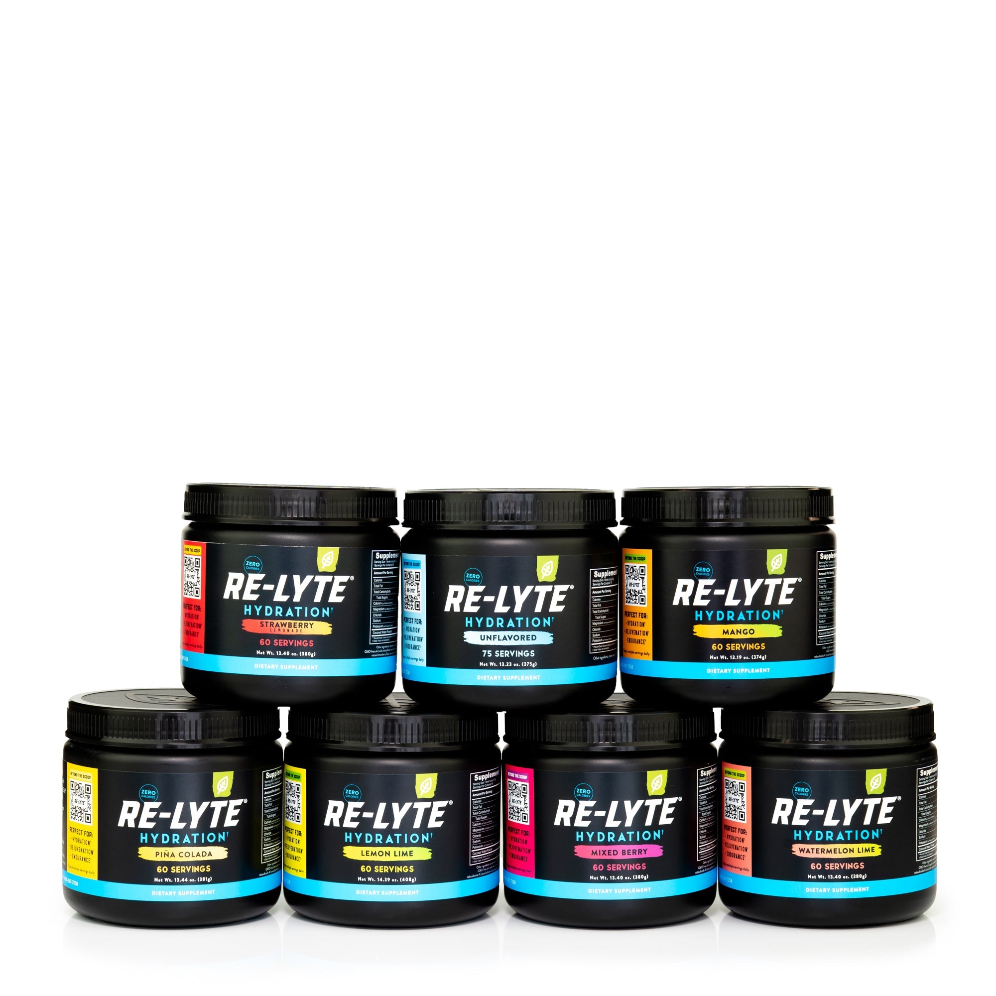 Seven 60 serving jars of Re-Lyte Hydration electrolyte powder stacked on white background. Flavors include strawberry lemonade, unflavored, mango, piña colada, lemon lime, mixed berry and watermelon lime.
