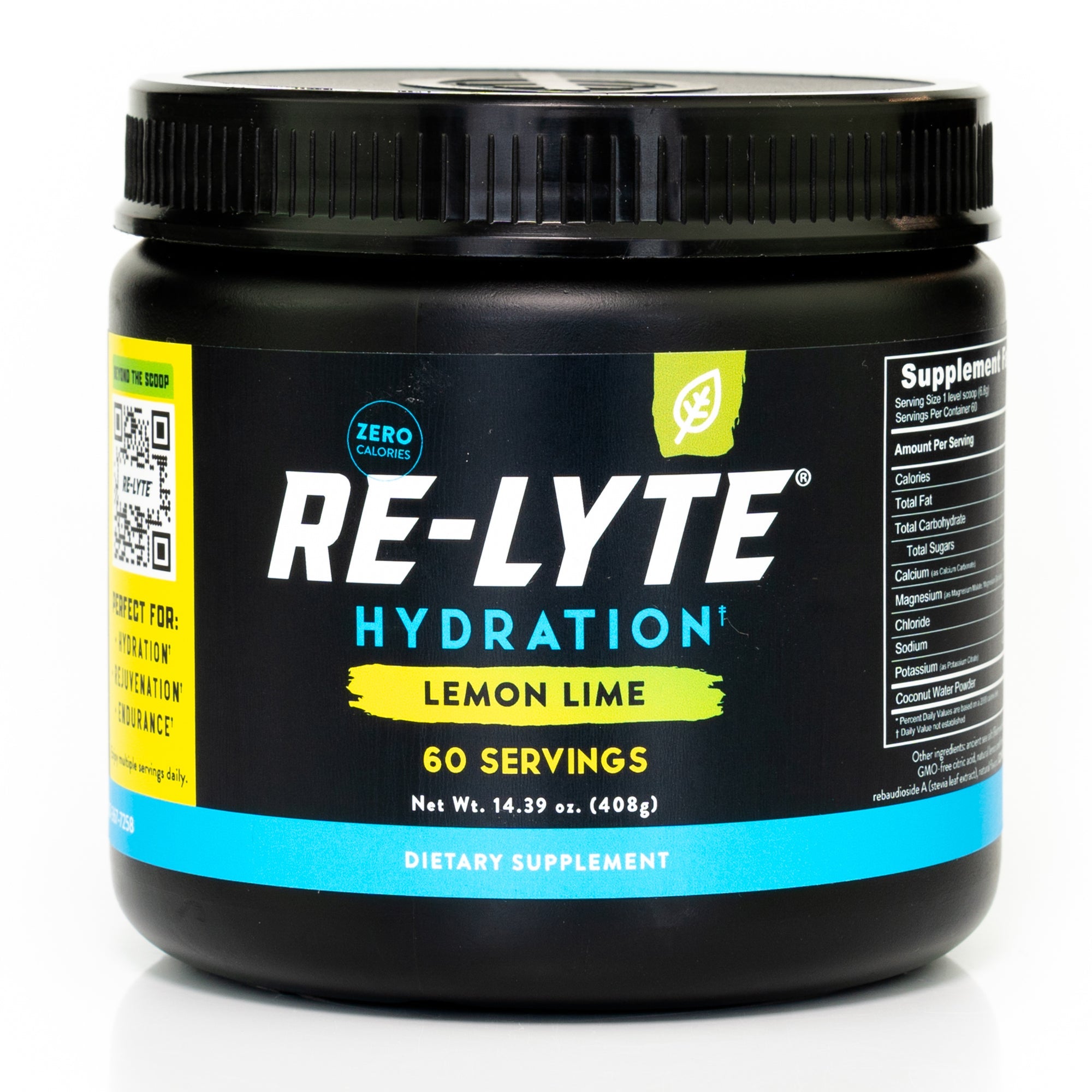 60 serving jar of Re-Lyte Hydration Lemon Lime electrolyte powder on white background.