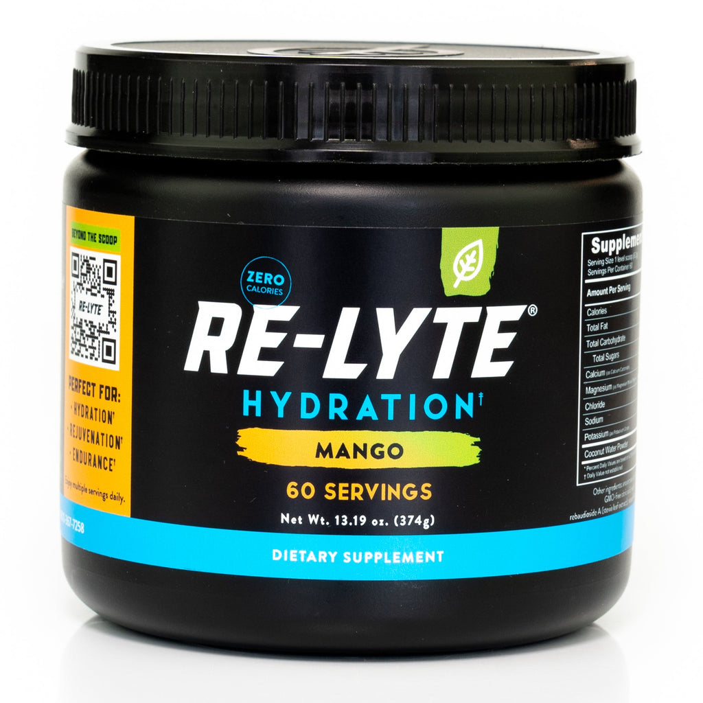 60 serving jar of Re-Lyte Hydration Mango electrolyte powder on white background.