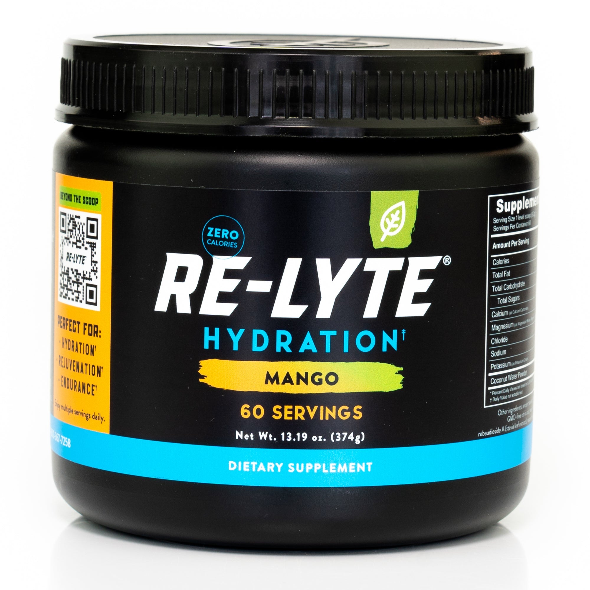 60 serving jar of Re-Lyte Hydration Mango electrolyte powder on white background.