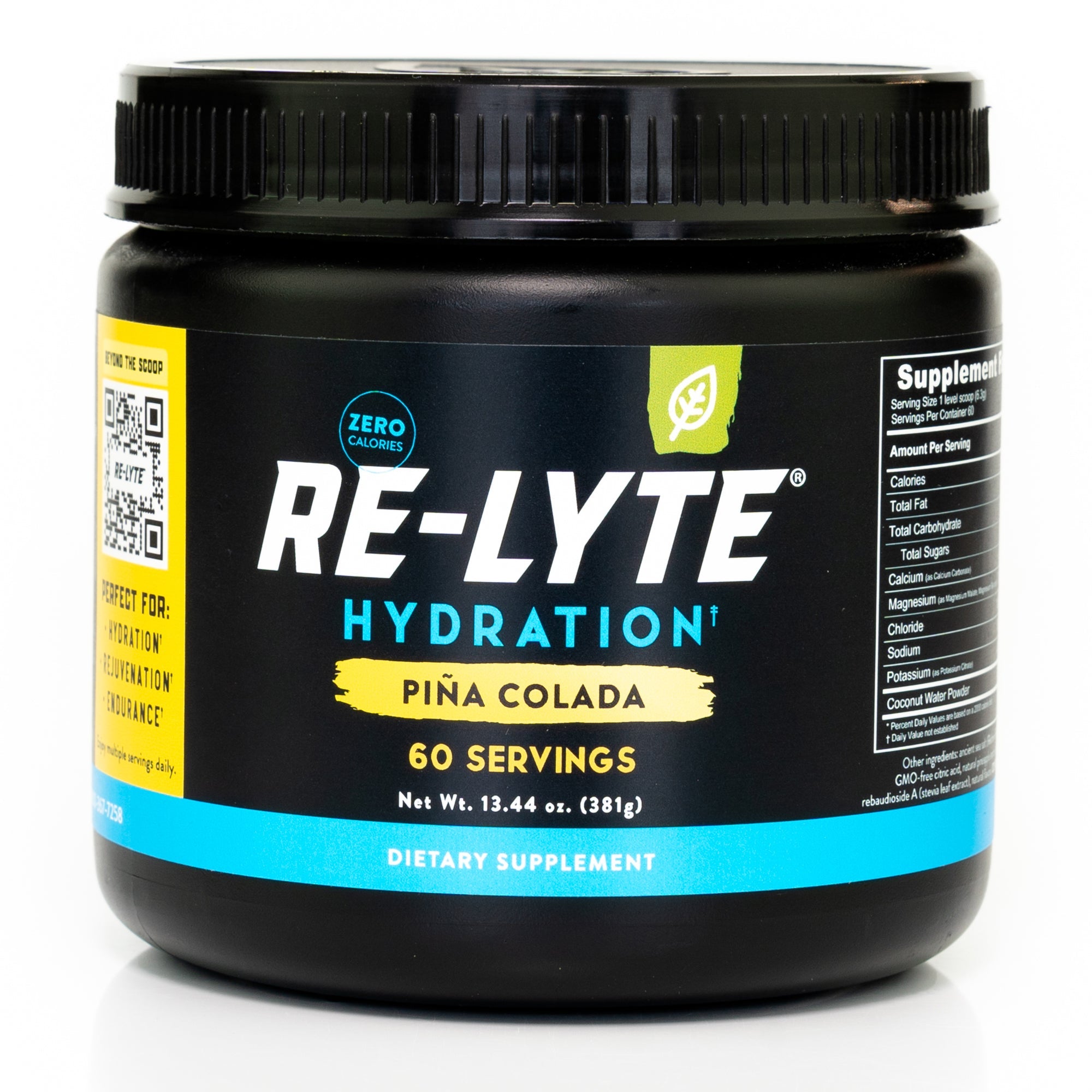 60 serving jar of Re-Lyte Hydration Piña Colada electrolyte powder on white background.