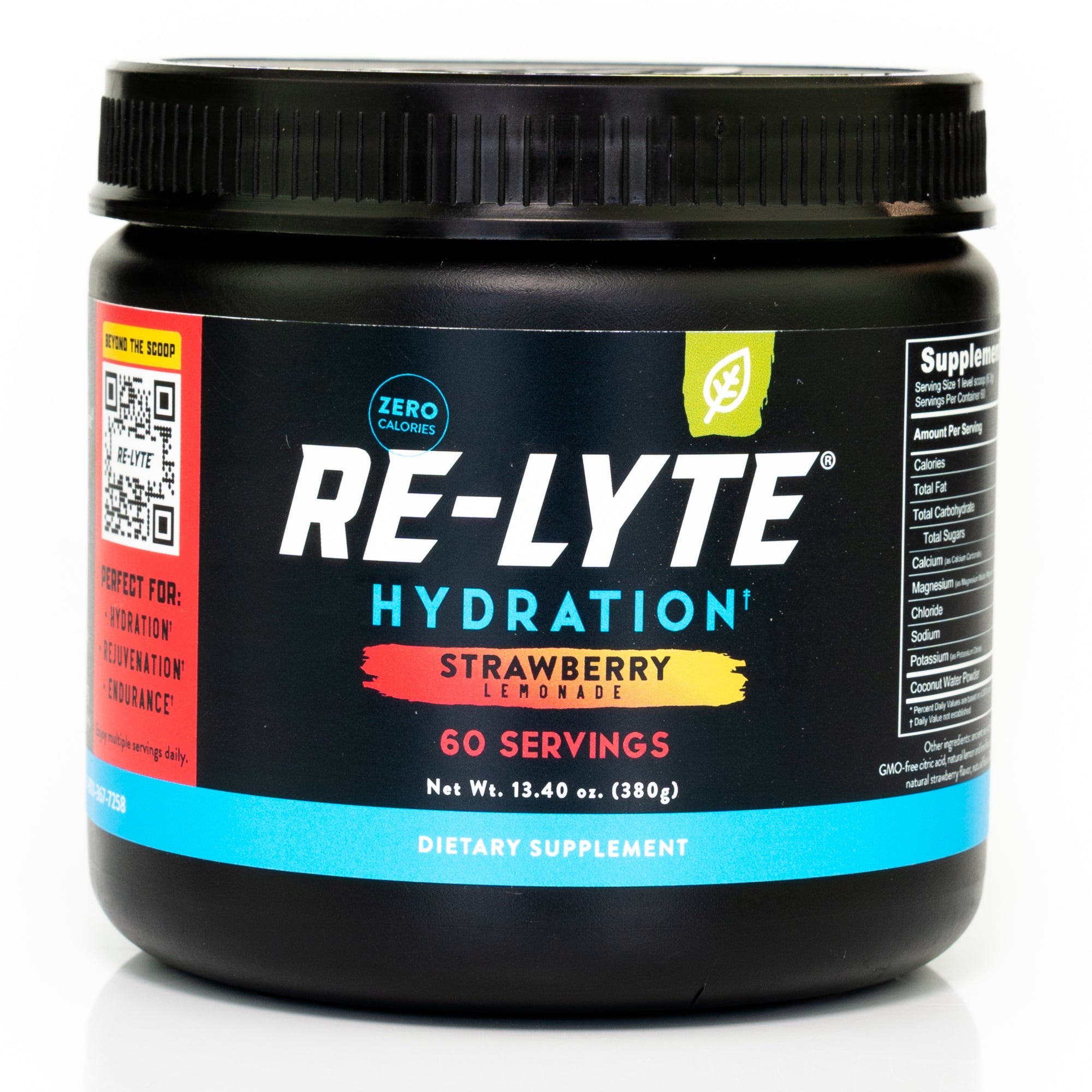 60 serving jar of Re-Lyte Hydration Strawberry Lemonade electrolyte powder on white background.