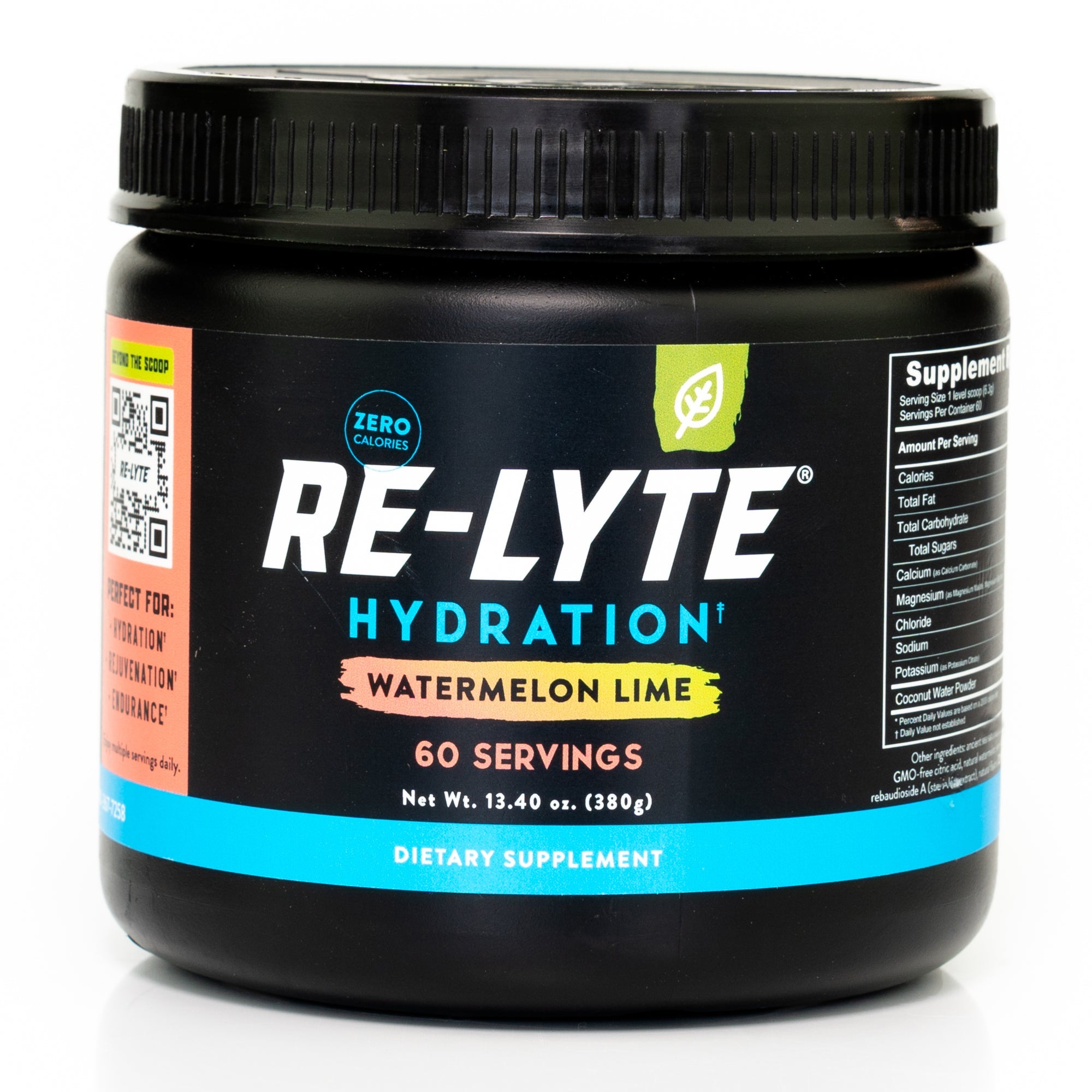 60 serving jar of Re-Lyte Hydration Watermelon Lime electrolyte powder on white background.