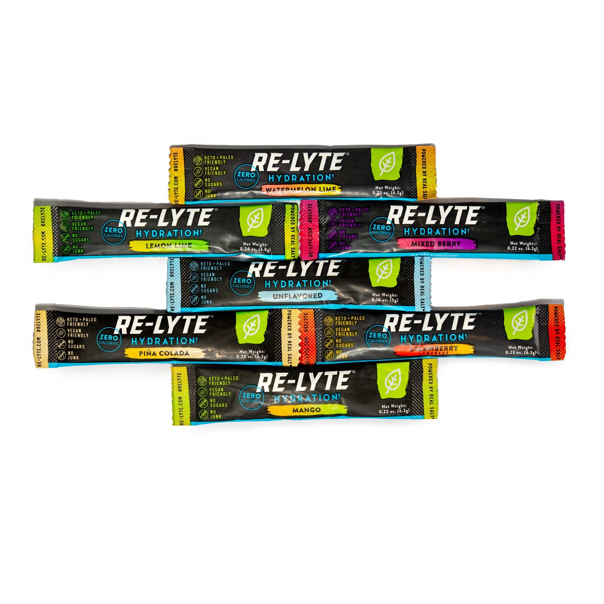 Seven flavors of individual Re-Lyte Hydration stick packs on white background.