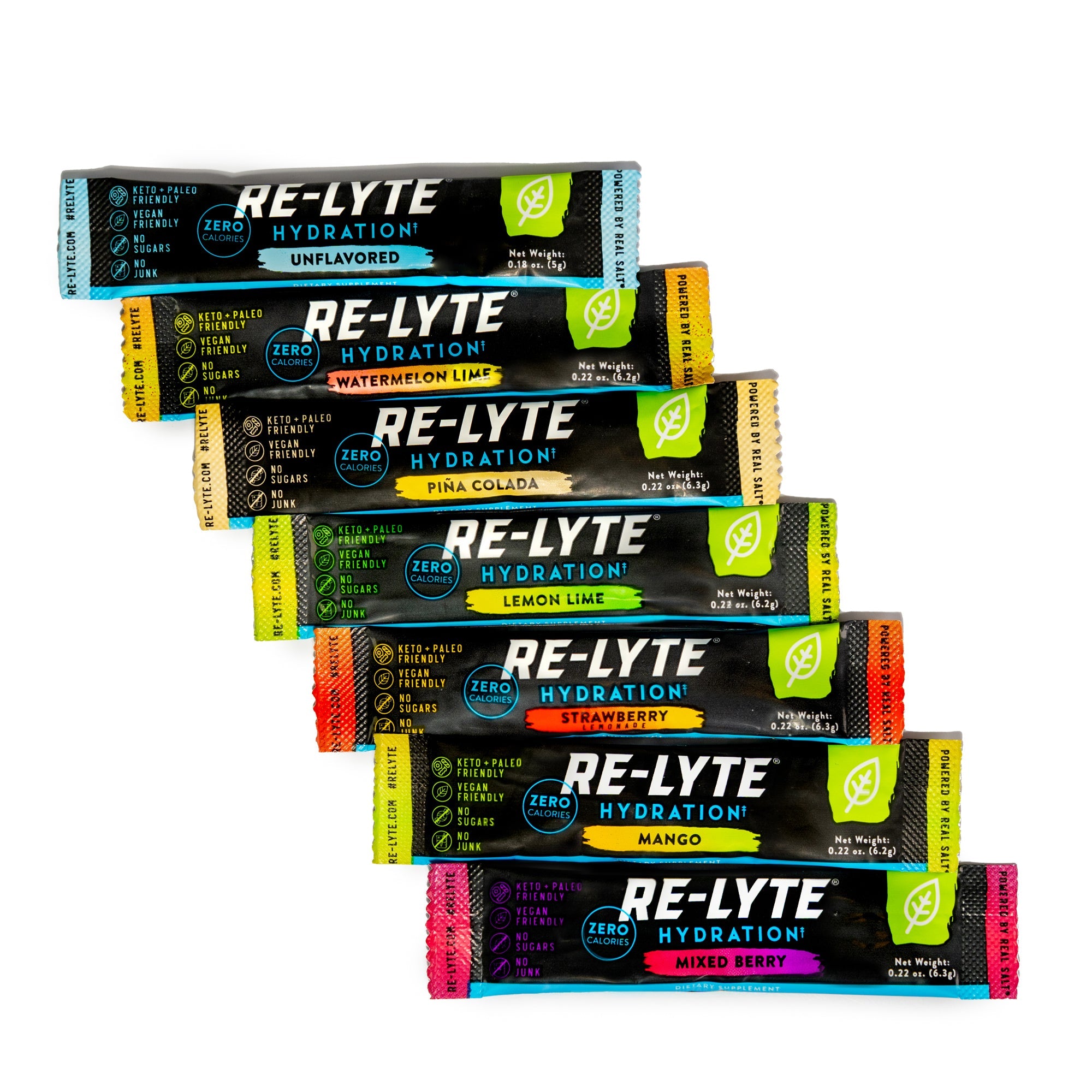 Seven flavors of individual Re-Lyte Hydration stick packs on white background.