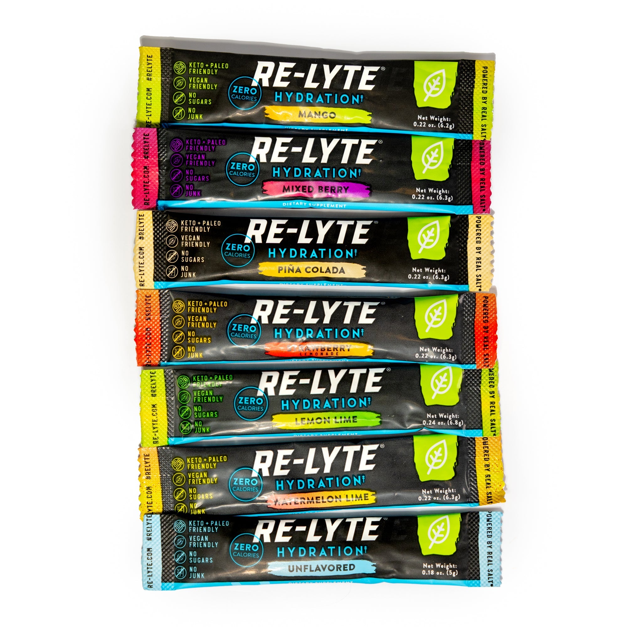 Seven flavors of individual Re-Lyte Hydration stick packs stacked on white background.
