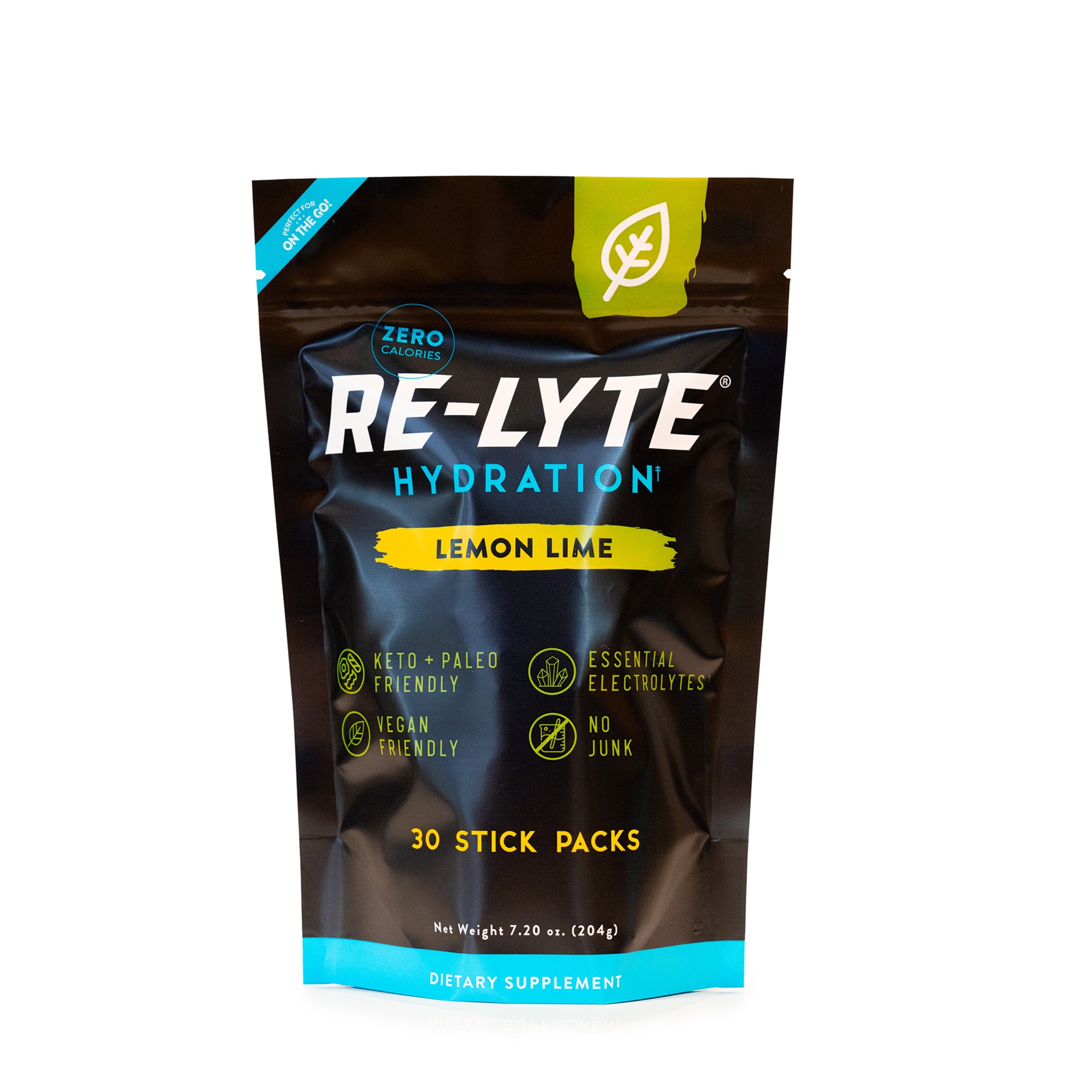 Lemon Lime Re-Lyte Hydration 30 count stick packs electrolyte powder on white background. 