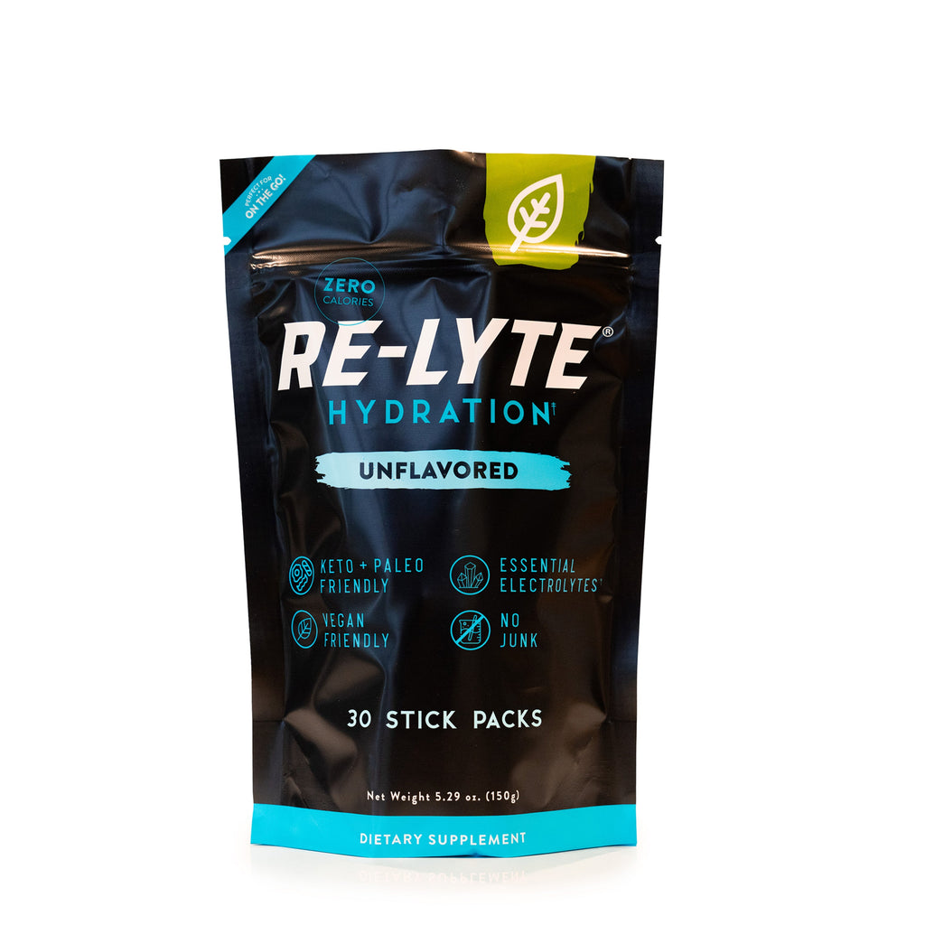 Unflavored Re-Lyte Hydration 30 count stick packs electrolyte powder on white background. 