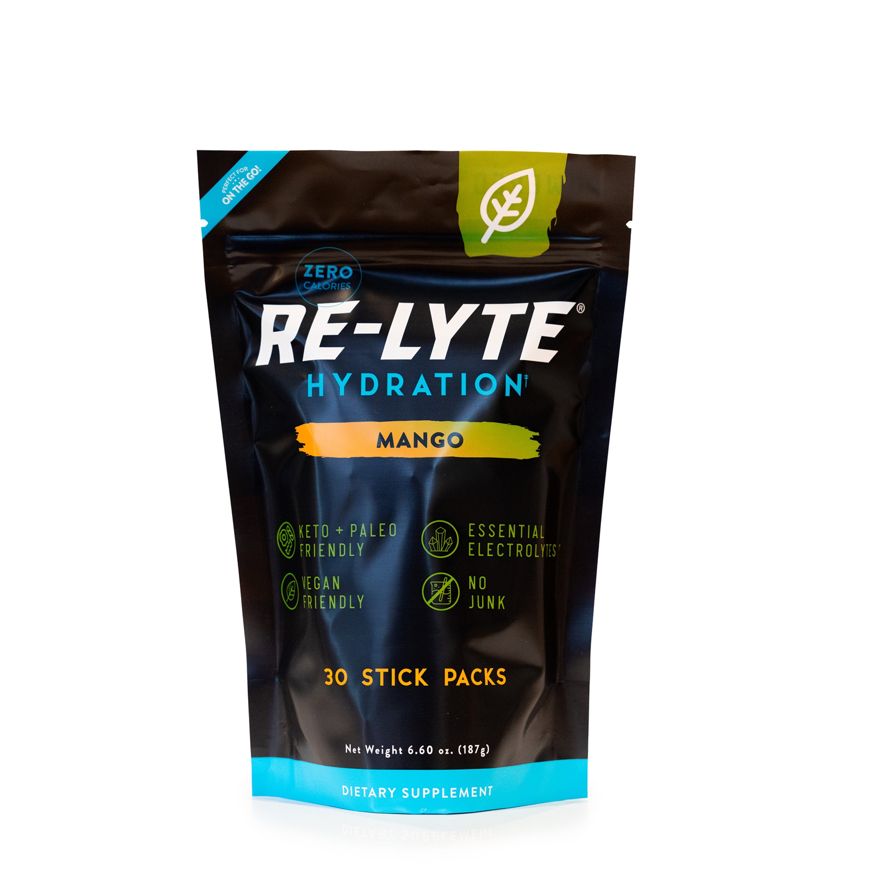Mango Re-Lyte Hydration 30 count stick packs electrolyte powder on white background. 