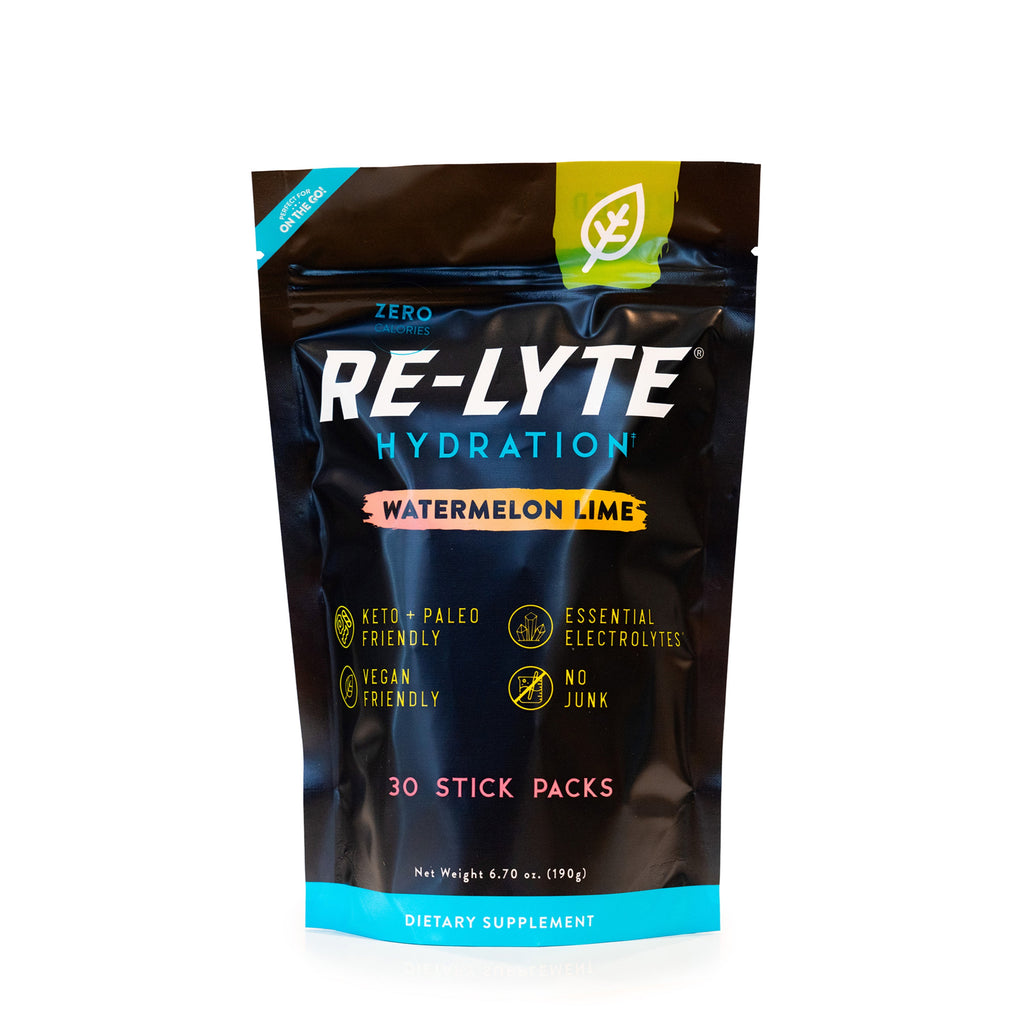 Watermelon Lime Re-Lyte Hydration 30 count stick packs electrolyte powder on white background. 
