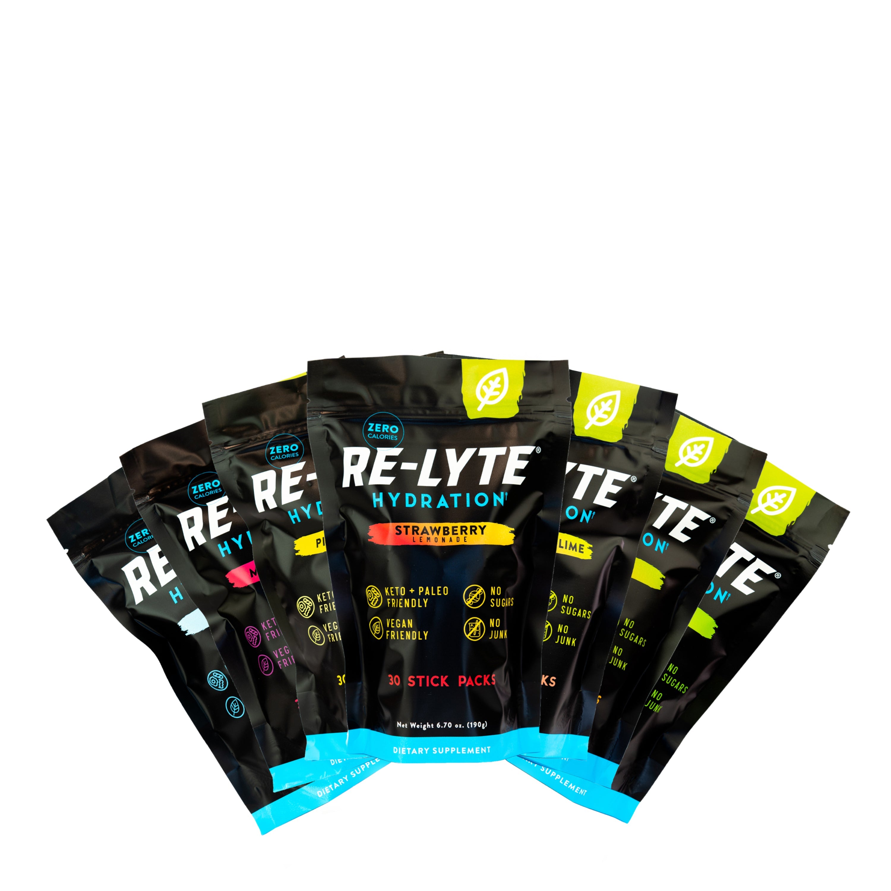Seven flavor options of Re-Lyte Hydration 30 count stick packs electrolyte powder on white background. Flavors including: Piña Colada, Mixed Berry, Watermelon Lime, Mango, Unflavored, Lemon Lime and Strawberry Lemonade.