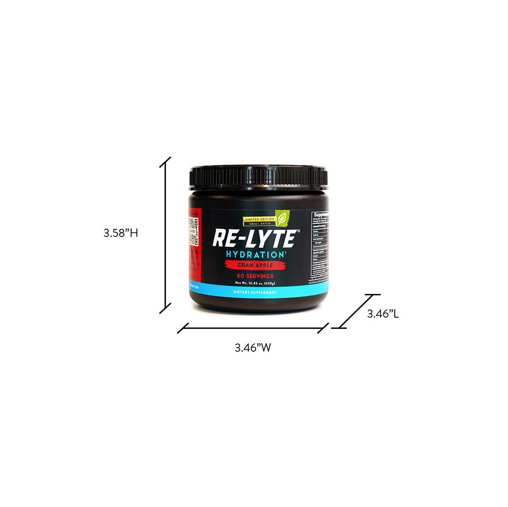 a front view of our Limited Edition, cran apple flavored re-lyte hydration electrolyte powder 60 serving jar with a white background