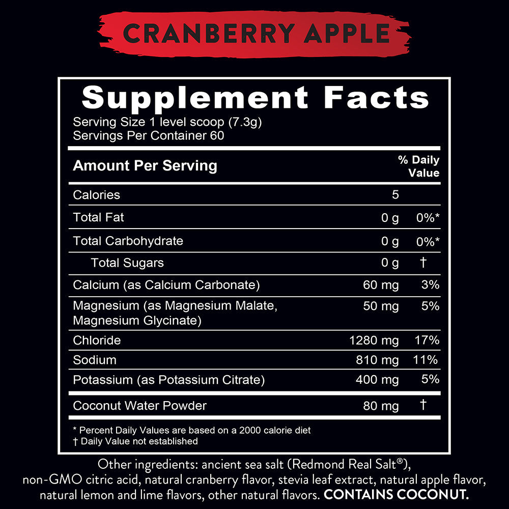 Our limited edition cranberry apple re-lyte hydration electrolyte powder Supplement Facts label highlighting key electrolytes and minerals per serving.
