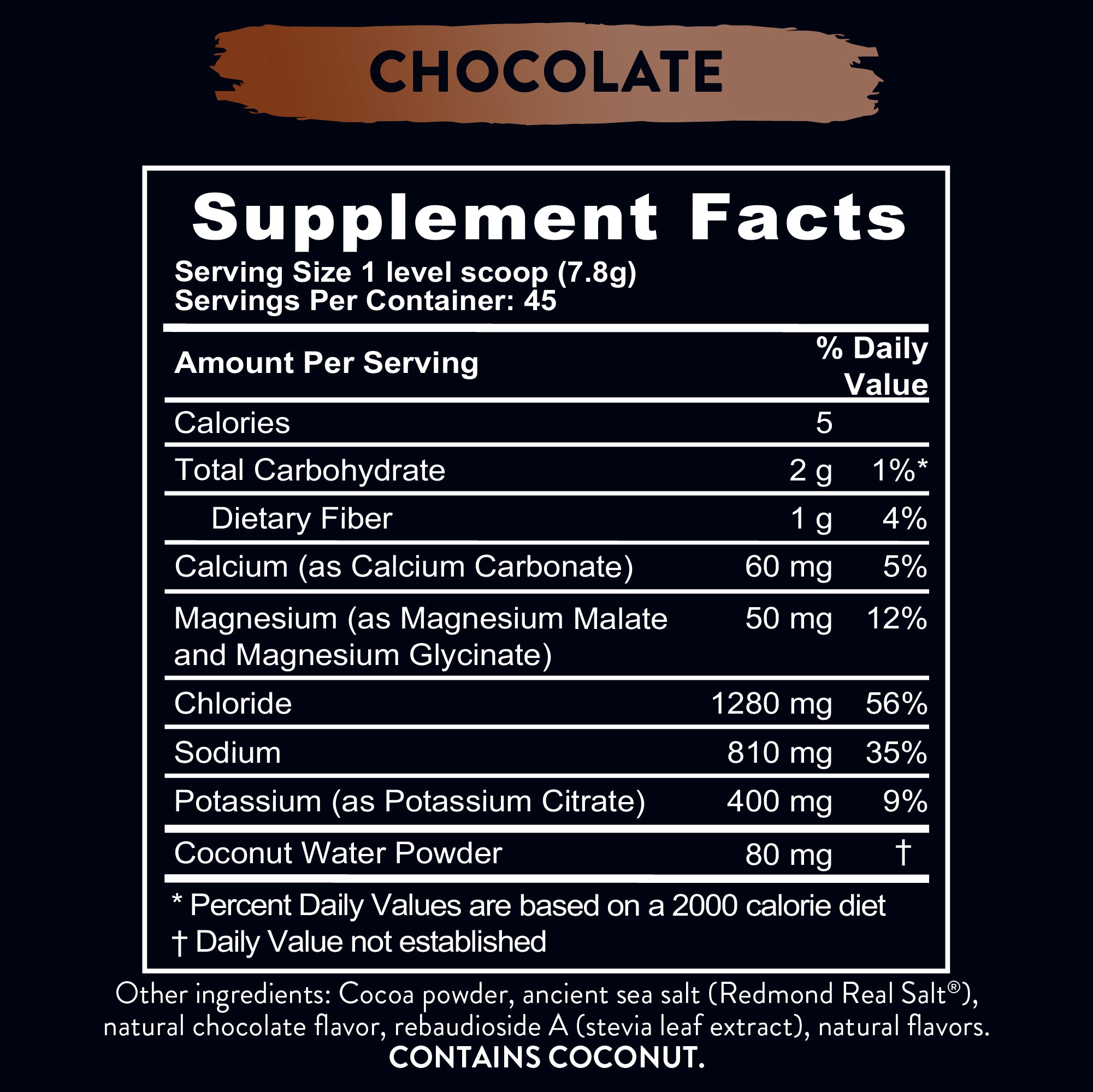 Limited Edition Chocolate flavored re-lyte hydration electrolyte powder Supplement Facts Label displays nutritional information including calories, vitamins, and minerals.
